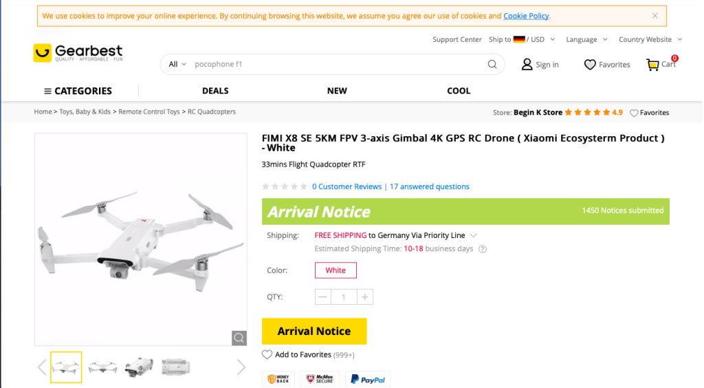 Fimi X8 SE Gearbest Shop Page - Arrival Notice