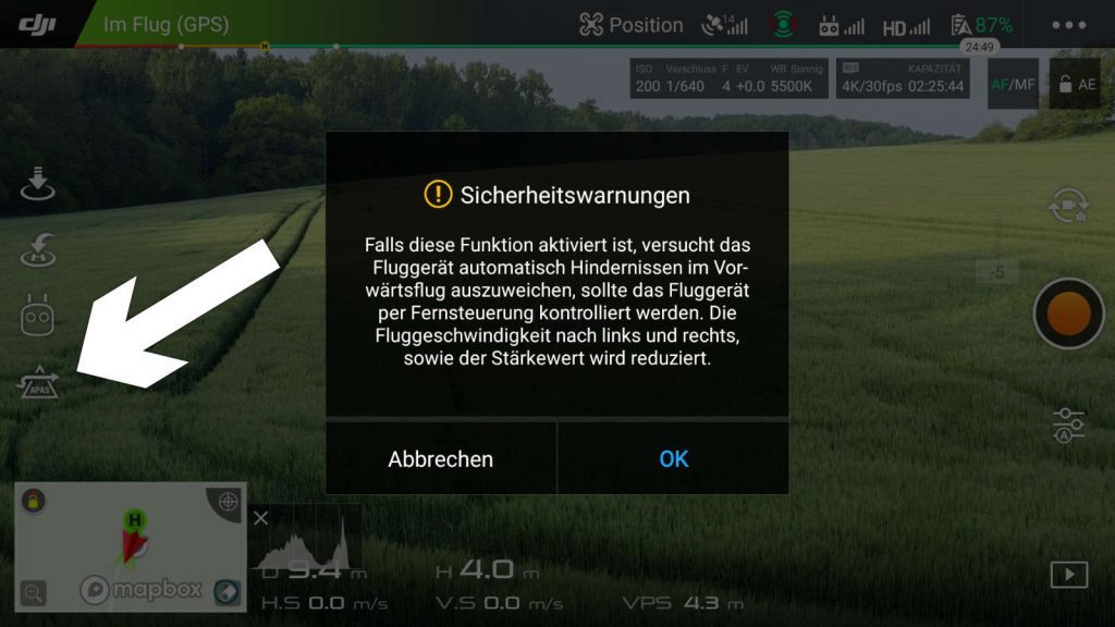 DJI GO 4 App - APAS Warnung