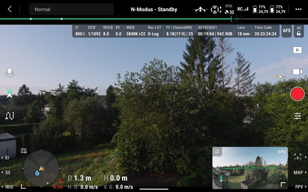 DJI Inspire 3 - Kameraansicht im Videomodus auf der Pilot 2 App